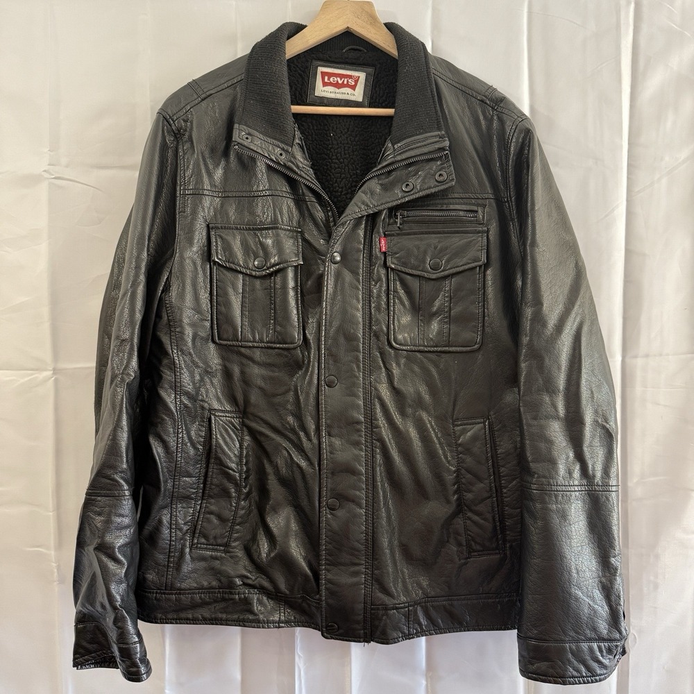 Levis Faux Leather/Sherpa Jacket Trucker Men L Black Biker Bomber Coat Vintage